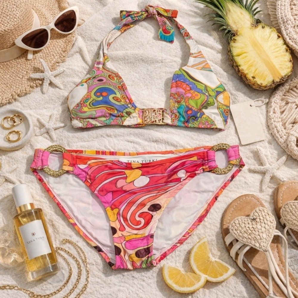 Trina Turk Psychedelic Bikini Set Gold Hardware Resortcore Retro 70s Mod hippie